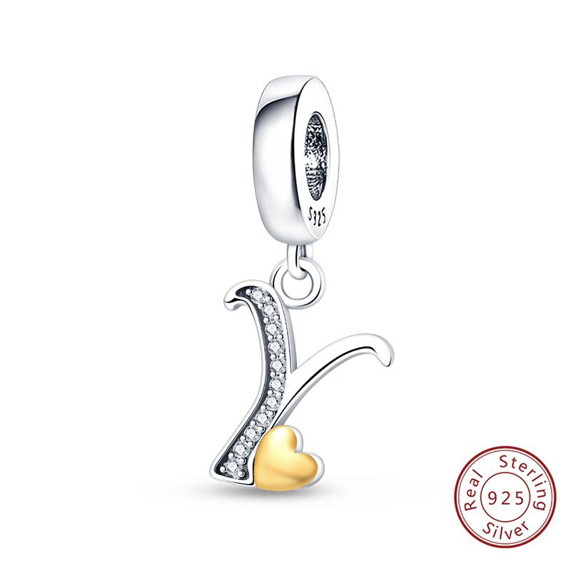 Classic Copper 26 Gold Color Heart Zircon Letter A-Z Charms Beads Fit Original Bracelets Diy Birthday Jewelry Gift