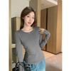 Gray Round Neck Brushed Plus Velvet Thickened Bottoming Shirt for Women Autumn and Winter New Herringbone Line Slim Long-sleeved Inner Top