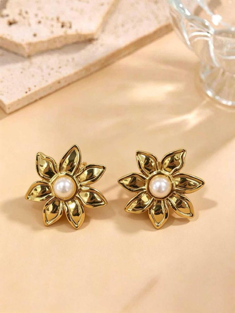 European Retro Pearl Irregular Geometric Stainless Steel Ear Studs