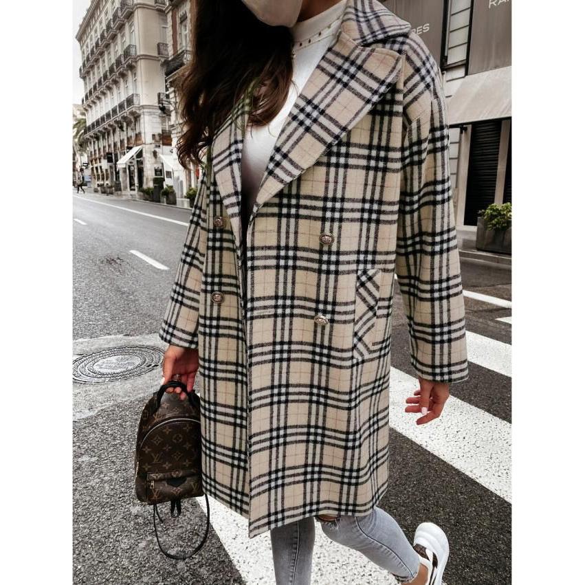 

Осенне-зимняя женская мода двубортное шерстяное пальто M хаки