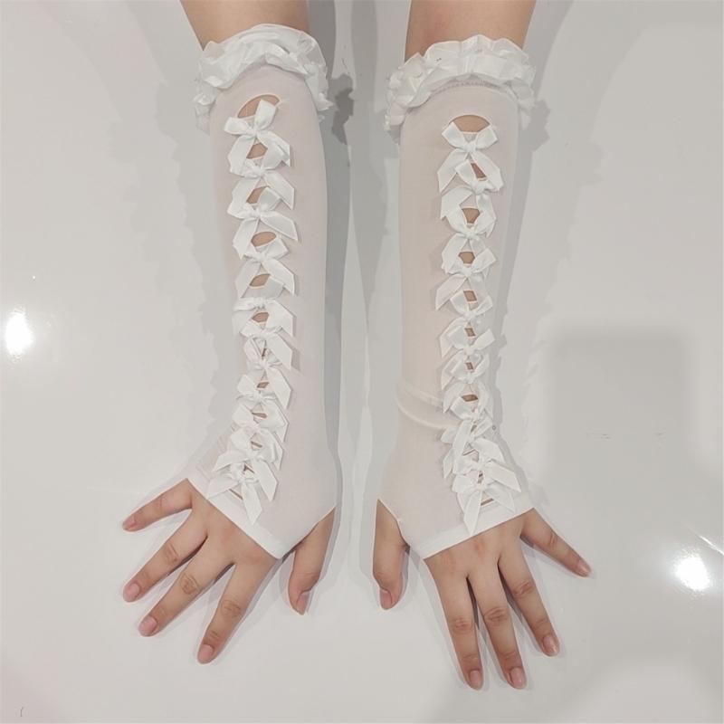 Lace Bowknot Anime Sun Protection Gloves Sun Blocking Soft Hollowed Arm Sleeves For Women Outdoor Daily Use