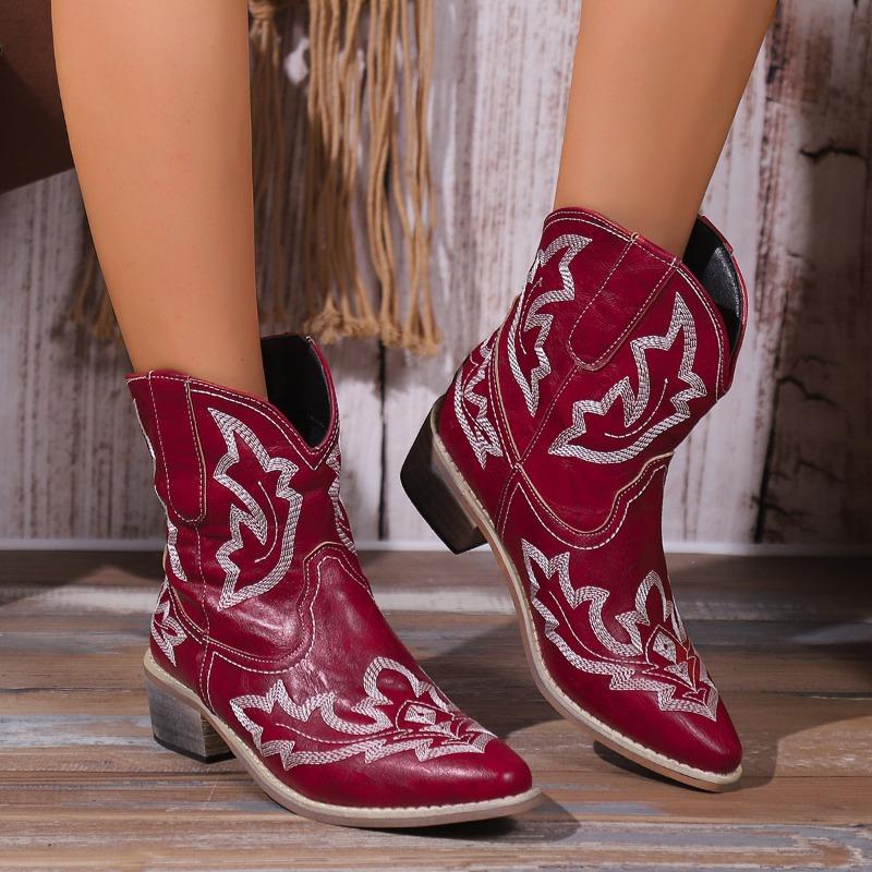 Autumn and winter new pointed-toed embroidered short boots mid-heel knight boots omn's oots women's leather boots
