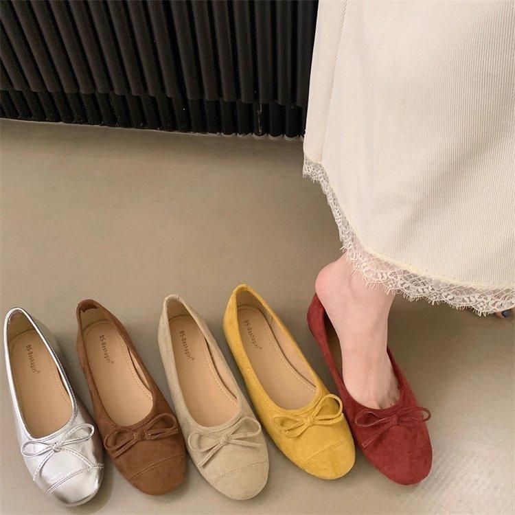 Soft leather version~ French retro round head bow light mouth single shoes women's autumn 2025 new suede ballet shoes