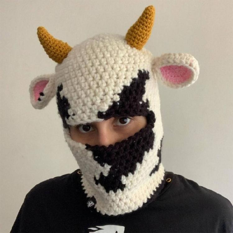 Knit Balaclava Cap Adult Prank Beanie Hat Cow Headcover Halloween Facecover Hat