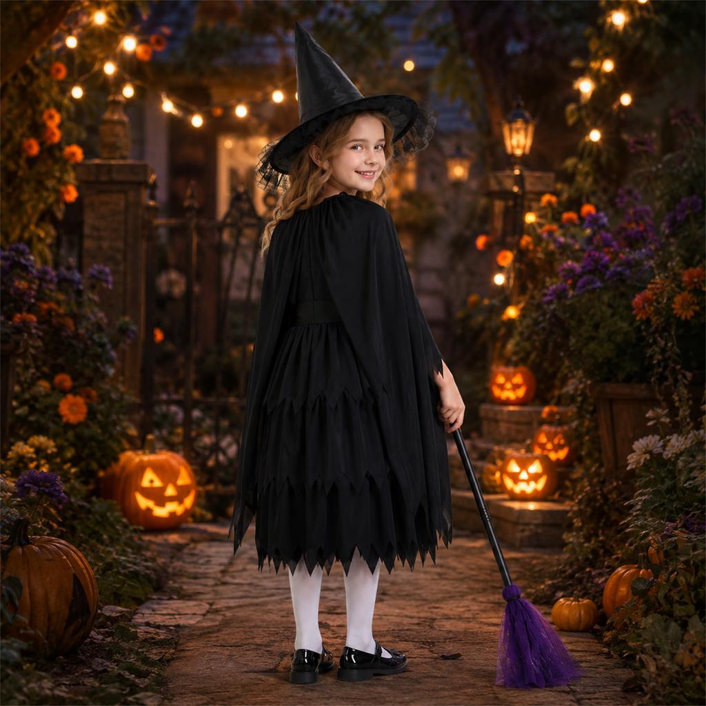 Halloween children's costume, witch dress, girls' dark retro witch dress, cosplay performance costume