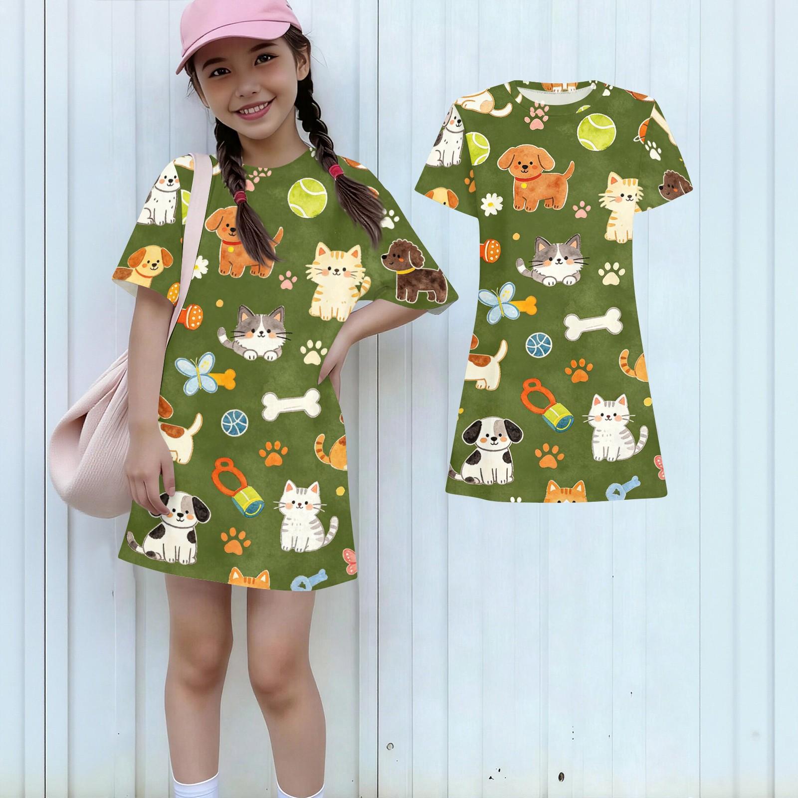 

Girls Loose Fit Short Sleeve Dress Lightweight Cotton Animal Print Round Neck Kids Casual Summer Dress for Children 100 зелёный