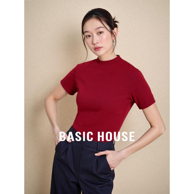 Basic House Women s Semi-High Neck Wool-Lyocell Blend Tee M