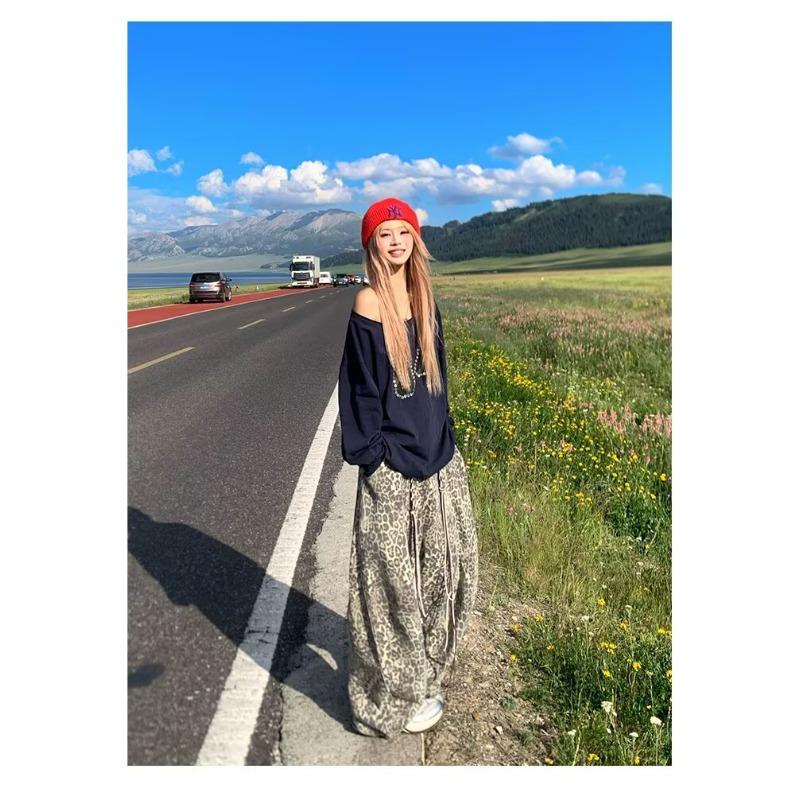 

Винтажные свободные джинсы леопардовой расцветки в ленивом стиле BF, детские, с чувством дизайна Spice Girl, модные и старые брюки для подметания пола S