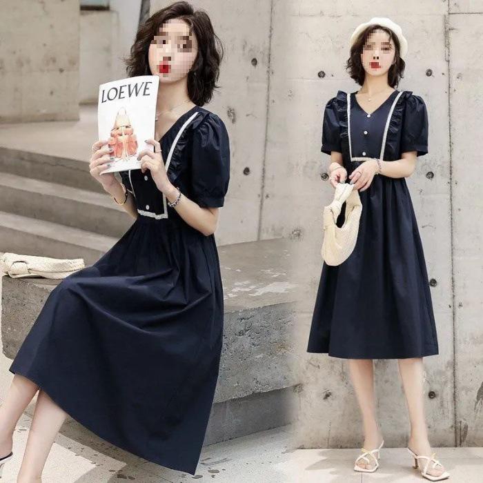 Forest-Style Puff Sleeve A-Line Dress: Summer French Waist-Cinching Mid-Length Skirt with Contrasting Colors