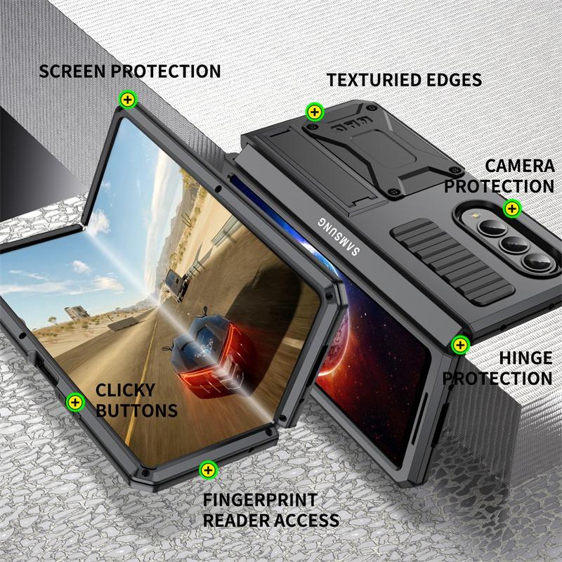 

For Samsung Galaxy Z Fold4 5G Anti-shock Phone Case Metal+Silicone+PC Dust-proof Anti-fall Back Cover with Magnetic Kickstand Black