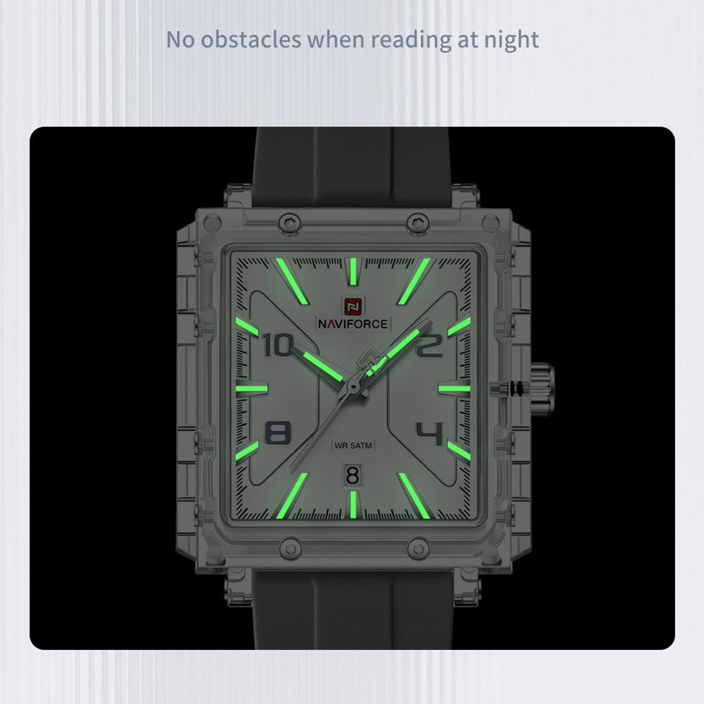 Naviforce Original Men Watch Lightweight Plastic Case Silicone Strap 50m Waterproof Luminous Pointer Square Men Fashion Casual Watch NF6112