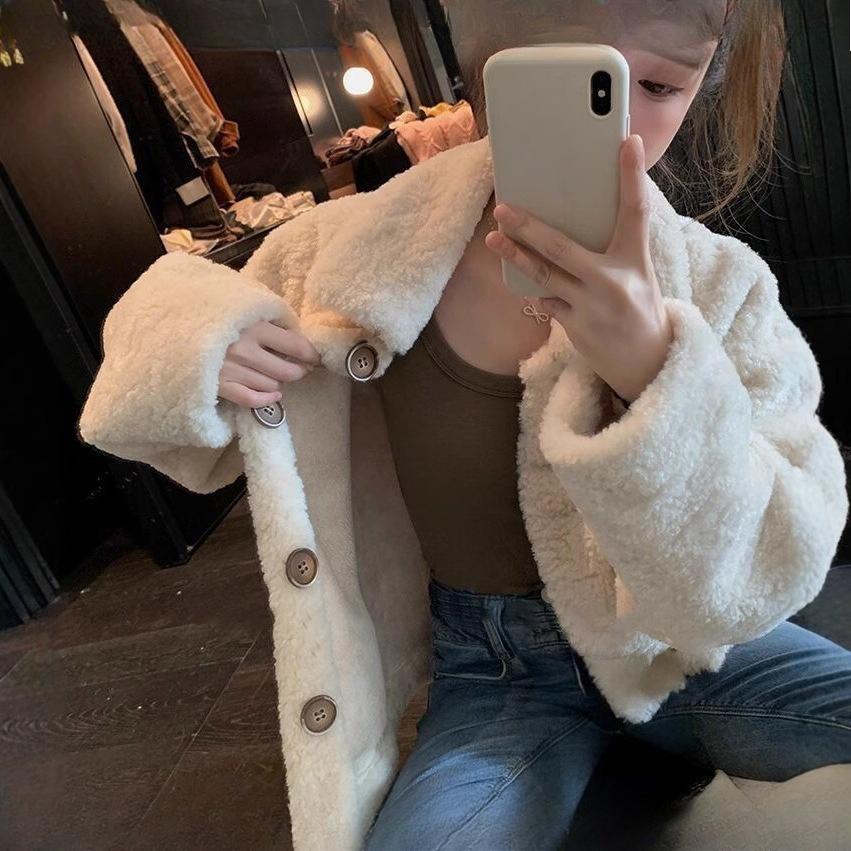 Lamb Hoodie Jacket Women Autumn Winter Loose Short Korean Versatile Student Cardigan Top