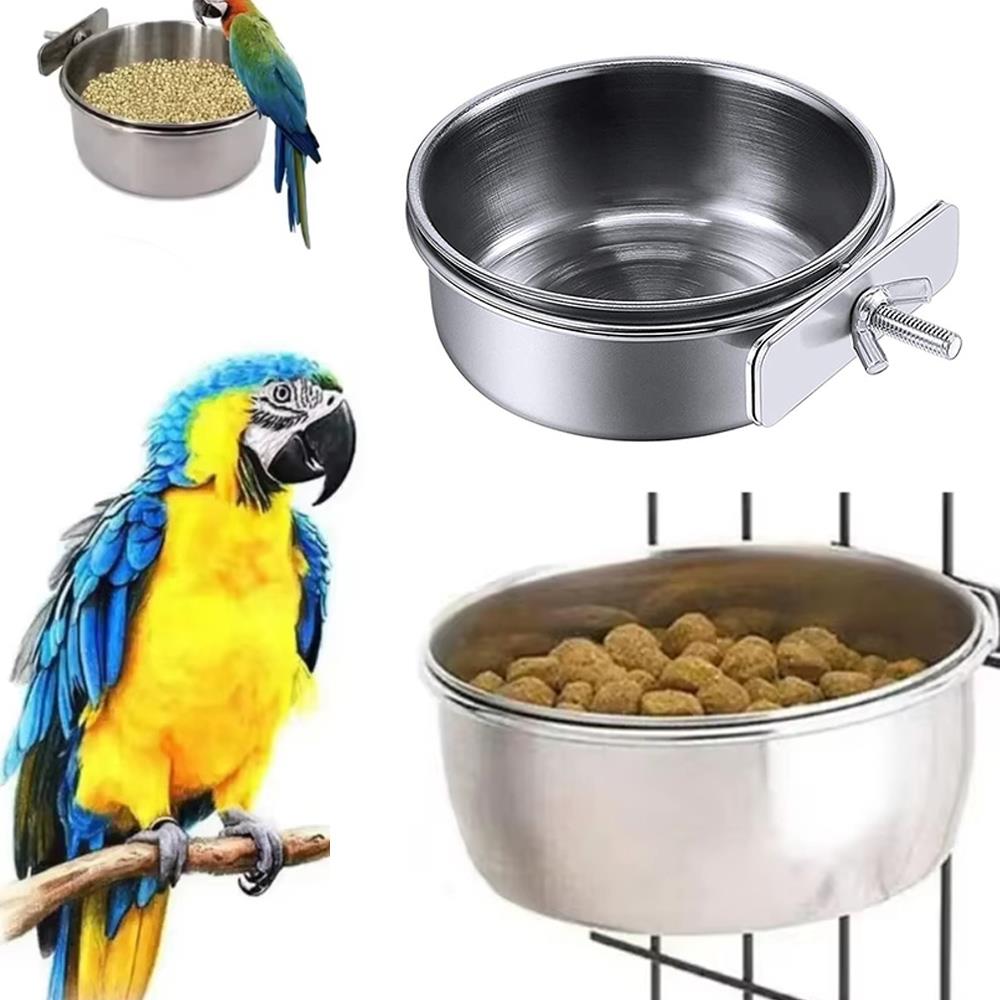 Stainless Steel Bird Bowls Parrot Feeding Bowl Cage Cup Hanging Bowl Clamp-on Water Drinker Pet Food Dish Parrot Rabbit Hamster