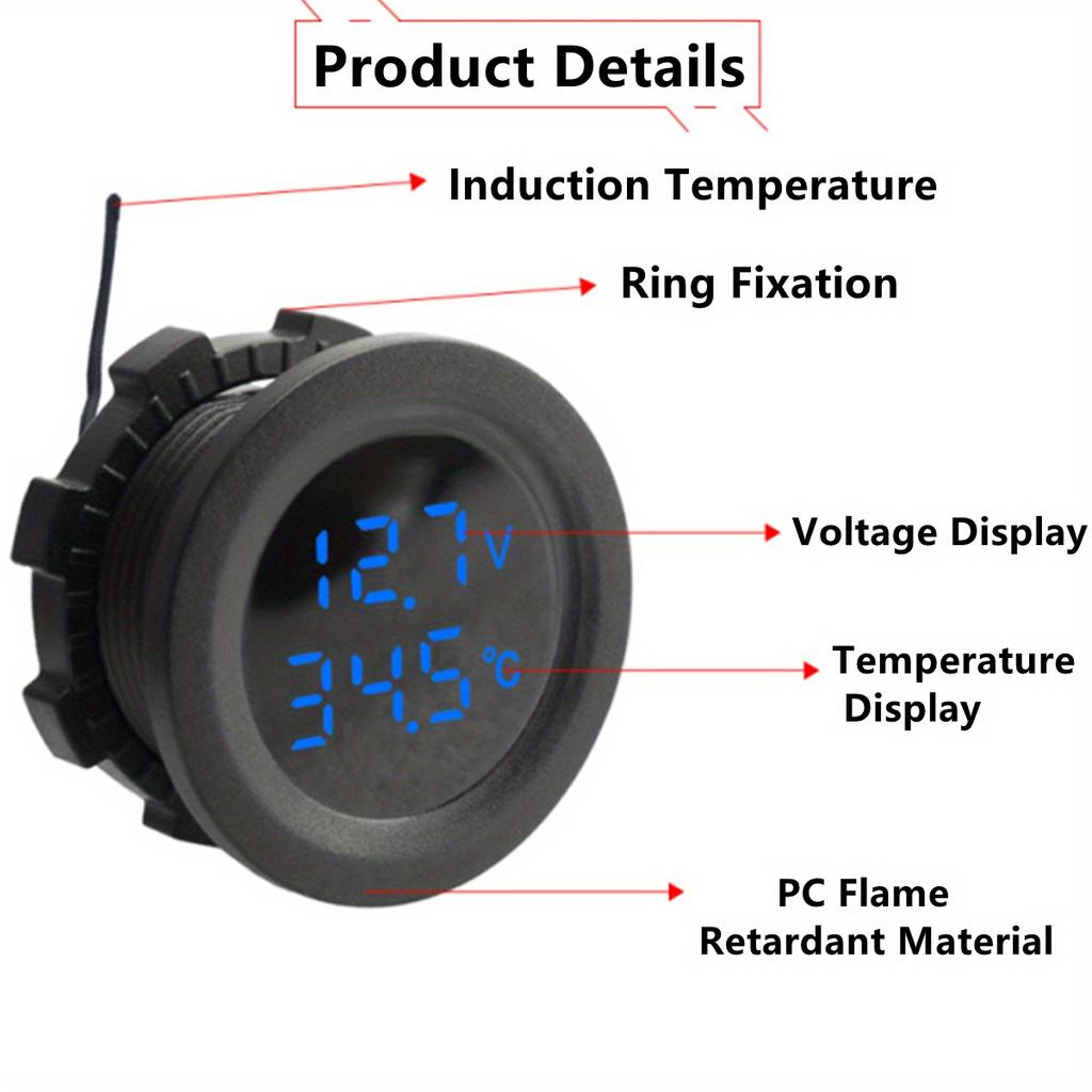 2-in-1 Digital Voltmeter & Temperature Gauge for Cars, Motorcycles, Durable with Reverse Connection Protection