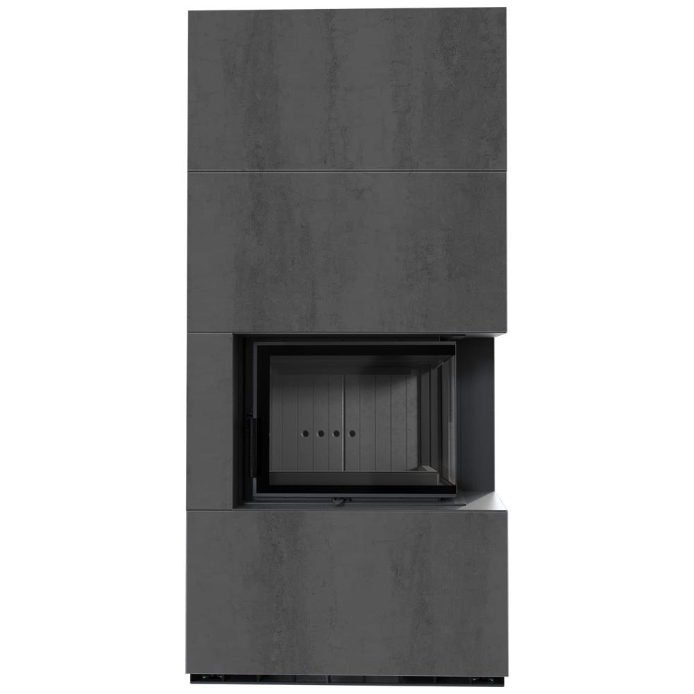 Modular fireplace KRATKI FLOKI BOX right 8 kW Ø 160 quartz sinter NATURALI PIETRA DI SAVOIA ANTRANCITE BOCCIARDATA black thermotec