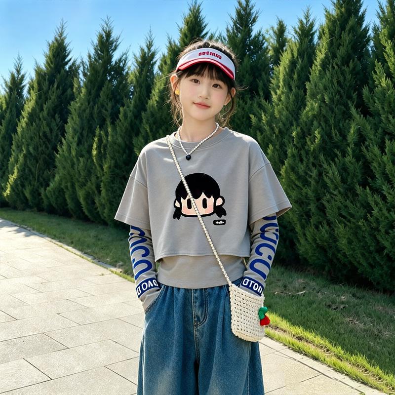 Girls' Stylish Cartoon Layered Look Cotton Long-Sleeve T-Shirt for Spring/Autumn – Medium/Large Sizes