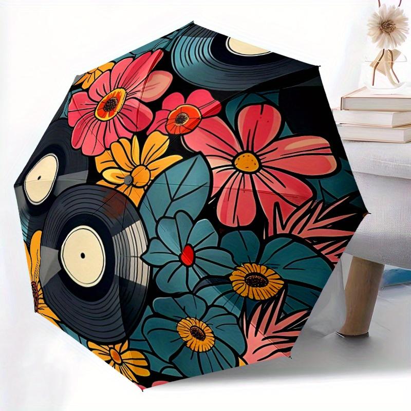 1pc Vinyl Flowers Automatic Open/close Folding Compact Umbrella, 8-Rib Sturdy Canopy, Lightweight Portable, Everyday Use, Gift, Outdoor Umbrella, Trav