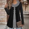 Autumn T-shirts Fashion Plaid Print Fake Two-piece Pleated Scarf Wild Button Plus Size Women's Thin Long-sleeved T-shirt