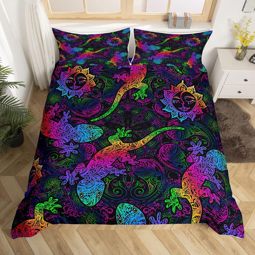 Lizard Warm Comforter Cover for Tens, Reptile Soft Duvet Cover Twin Sized Dimensions, Bohemian Paisley Batik Beding Set Exotic Animal Comfortable