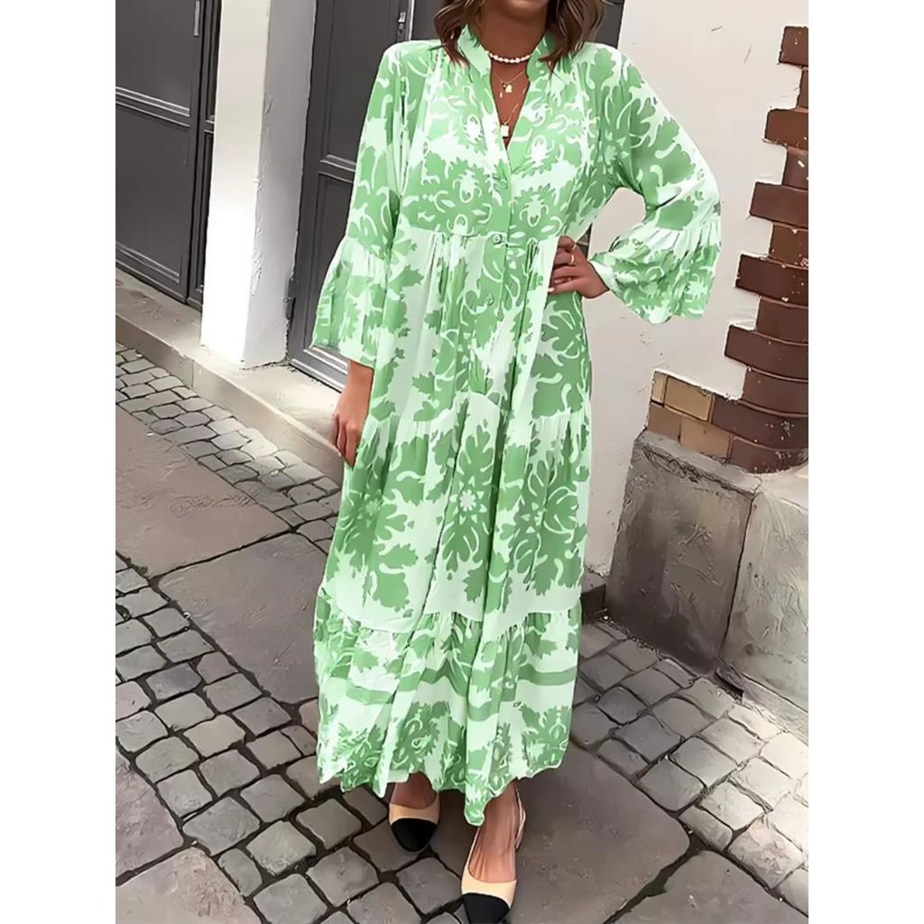 LYRIA Autumn and Winter Women's Clothing Long Dress New Standing Collar Flared Sleeve Printed Casual Dress Fashionable Plus Size