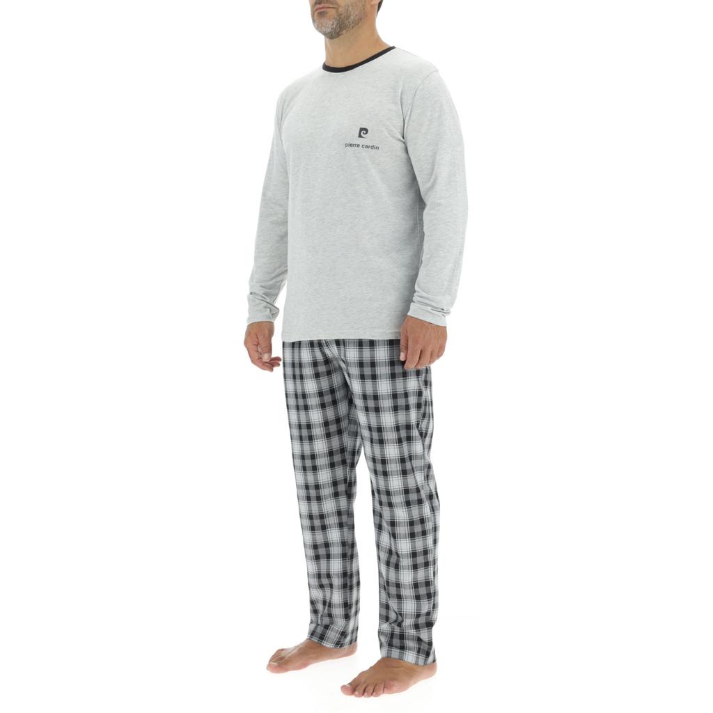 Ensemble Pyjama long homme en popeline à carreaux et Logo poitrine