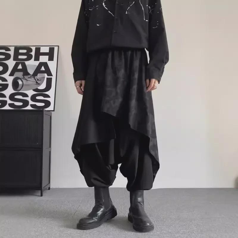 Pánské černé harémové kalhoty Warrior: Velká velikost, Styl Yamamoto, Design nepravidelné sukně, Niche originální dvoudílný rozkrok