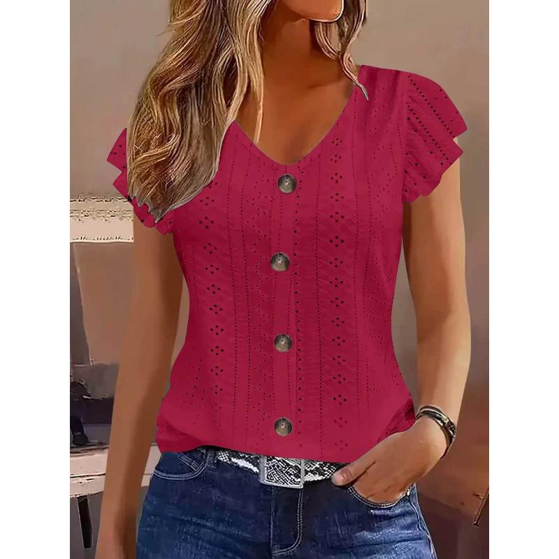 BITCED Women's Fashion Casual Solid Color Print Short Sleeve V-Neck Blouses & Shirts