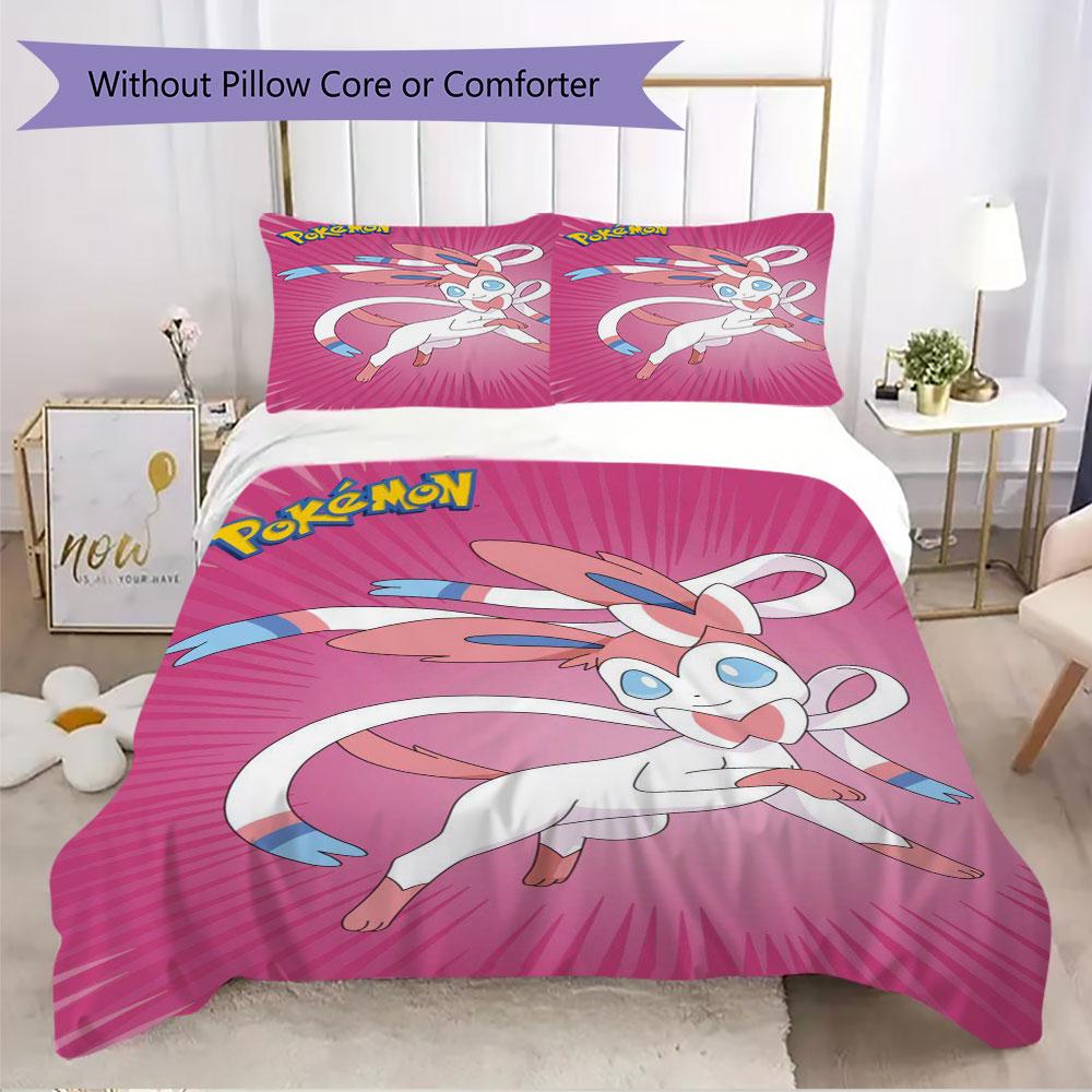 Pink Sylveon Design 3 Piece Bedding Set Cute Pokemon Theme Duvet Cover Pillowcases For Kids Girls Room