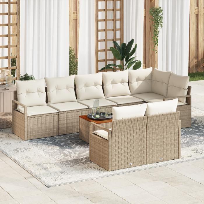 Canapé de jardin 9 pièces avec coussins Beige Poly Rotin Acacia, Canapé 2 places avec rangement et coussins Beige Poly Rotin 3356391