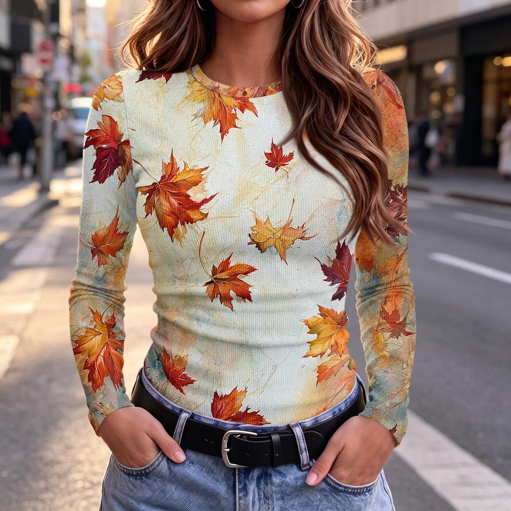 Women's Slim Fit Maple Leaf Print Long Sleeve Round Neck T-Shirt for Fall Casual Wear
