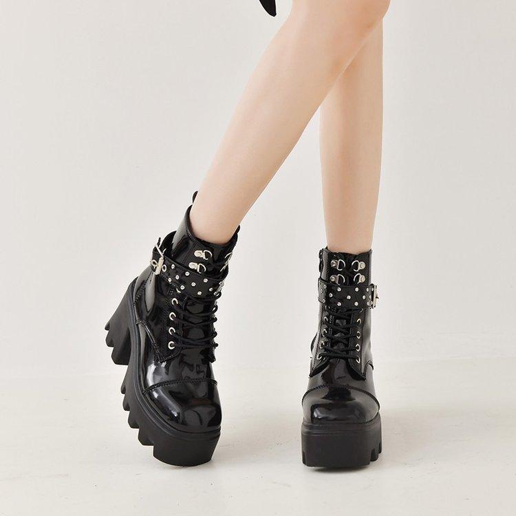 Women's Gothic Platform Boots Punk Chunky High Heel Ankle Boots Rivet Chain Decor Black Motorcycle Booties Woman Fashion Shoes