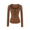 Vintage Square Neck Lace-Up Long Sleeve Shirt - Women's Autumn Inner Wear, Sexy and Chic Top