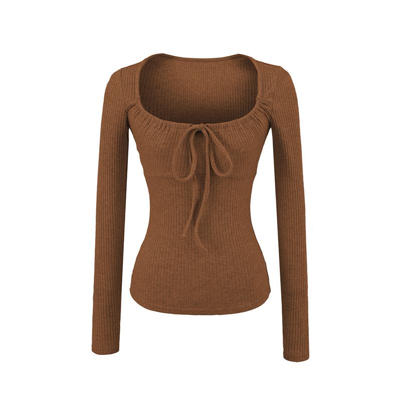 Vintage Square Neck Lace-Up Long Sleeve Shirt - Women's Autumn Inner Wear, Sexy and Chic Top