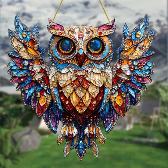 2Pcs Owl Pendant, Waterproof Acrylic Indoor Outdoor Decoration, 2D Printing Stained Glass Style Colorful Light Effect Owl Ornament with Lanyard