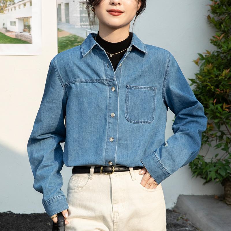 Women's Spring and Autumn Denim Shirt Design Sense Blue Jacket Loose Shoulder Layered French Shirt Long Sleeve