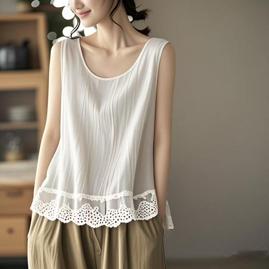 

Plus Size Lace Hem Cotton Linen Camisole for Women - Sleeveless Belly-Covering Doll Shirt (Spring/Summer 2026) XL (recommended 110-120) белый