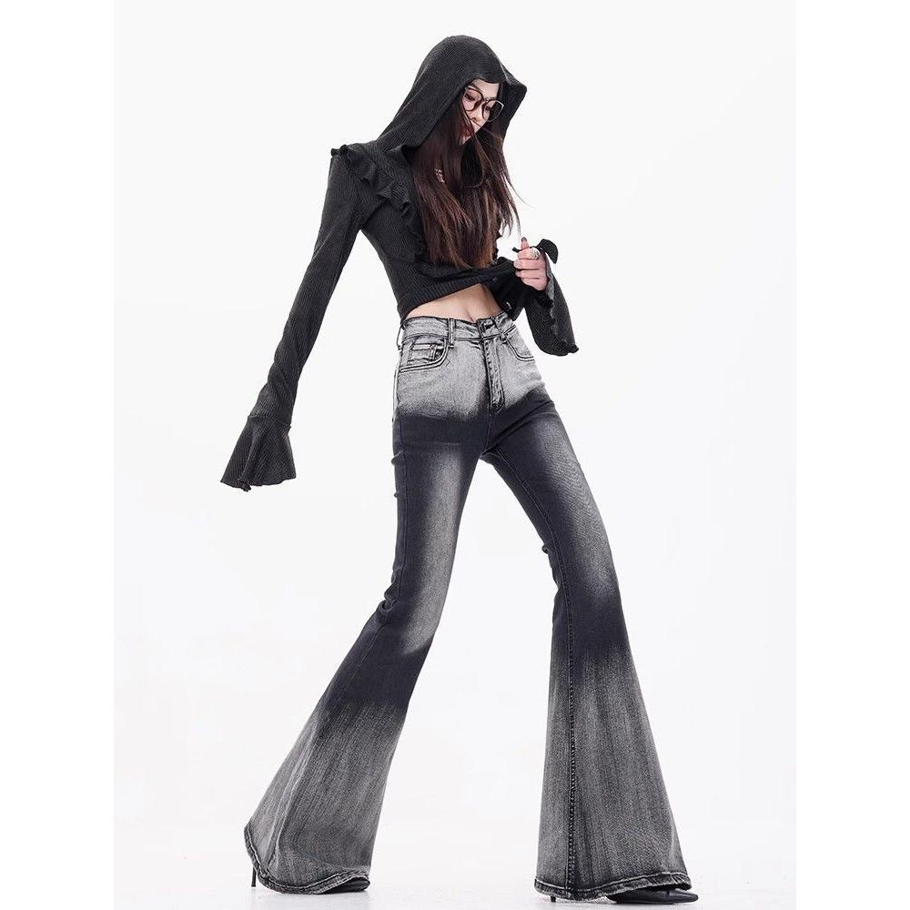 Retro Gradient Micro Flared Jeans for Girls Slimming Down and Dragging the Floor with Horseshoe Shaped Pants