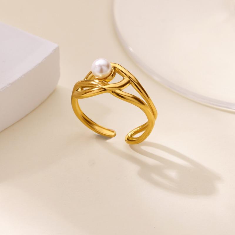 Design sense Double layer micro zircon pearl ring Flower personality lucky opening ring