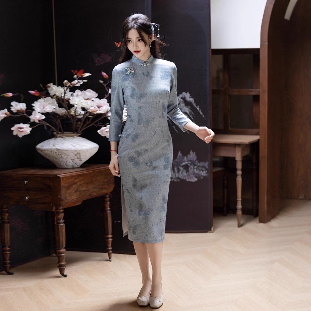 Blue knitted autumn and winter national style new Chinese cheongsam improved young 1011 new women's high-end atmosphere high-grade