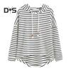 Women Autumn Hoodie Striped Print Contrast Color Drawstring Irregular Hem Long Sleeve Hooded Loose Pullover Casual Soft Lady Spring Sweatshirt