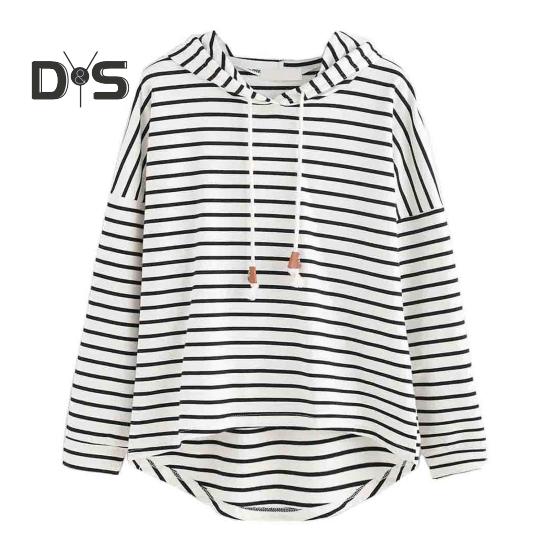 Women Autumn Hoodie Striped Print Contrast Color Drawstring Irregular Hem Long Sleeve Hooded Loose Pullover Casual Soft Lady Spring Sweatshirt