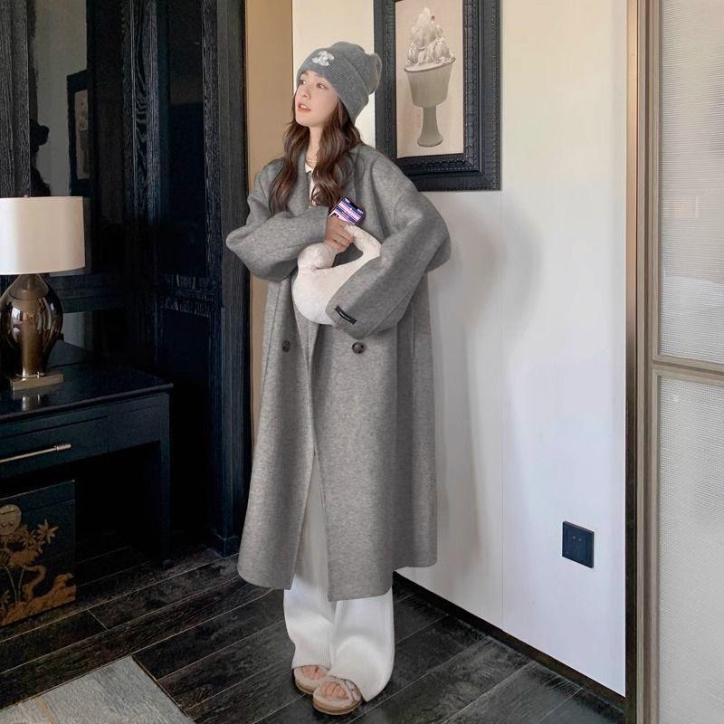 

Элегантное шерстяное пальто большого размера Женское осенне-зимнее пальто до колена в корейском стиле Хепберн средней длины Верхняя одежда для женщин XXXL