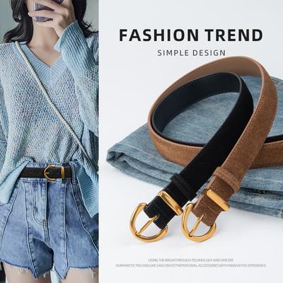 Four Seasons Available New Suede Women'S Belt Leather Decorative Skirt Belt Retro Cowhide Black Ins Style Jeans