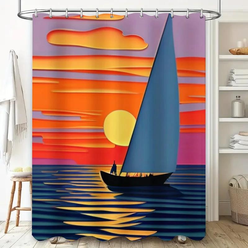 

Modern Style Sunset Sailboat Bath Shower Curtain Waterproof Fabric Decorative Door Hanging Home Decoration W60H190(CM)-1 Pcs
