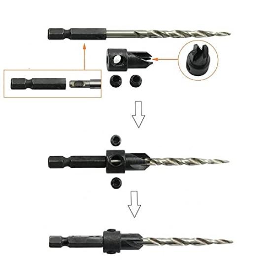 Wolfride Woodworking Drill Bit Countersink Drill Hex Countersink Drill HSS Drill Hole Chamfer DIY Includes Wrench 5-Piece Set, Bit, Shank, Set, Bits,