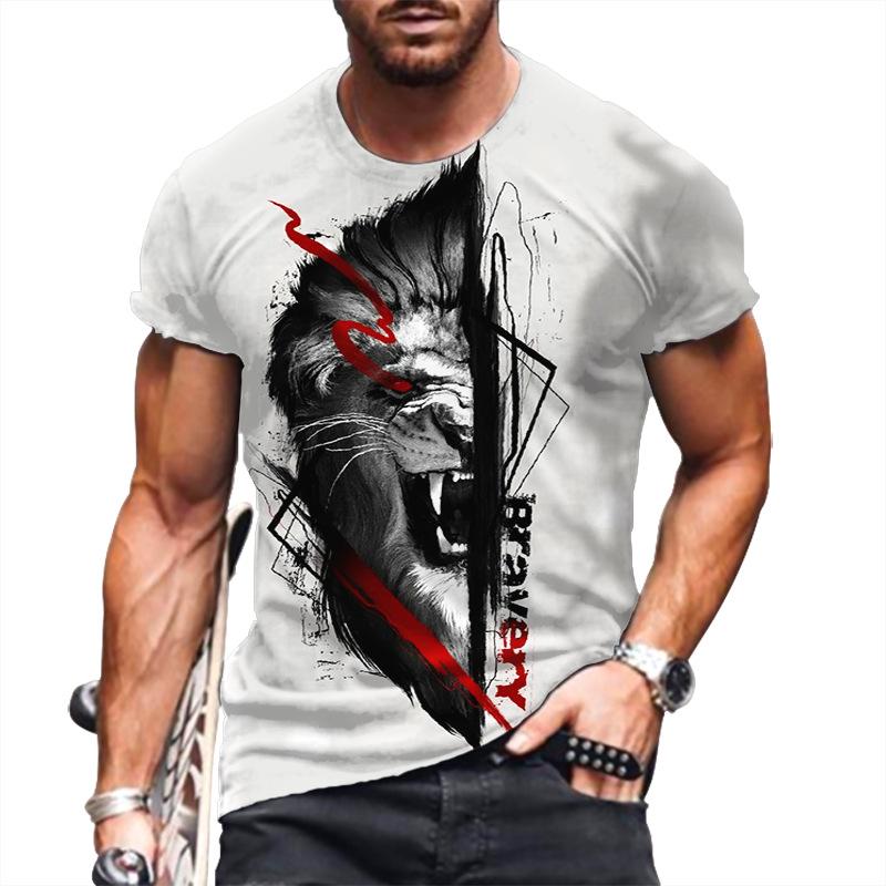 T-Shirt mit 3D-Buchstabendruck für Herren, Tier-T-Shirts, Wolf, große Größe, kurzärmelig, lässiges Oberteil für Herren