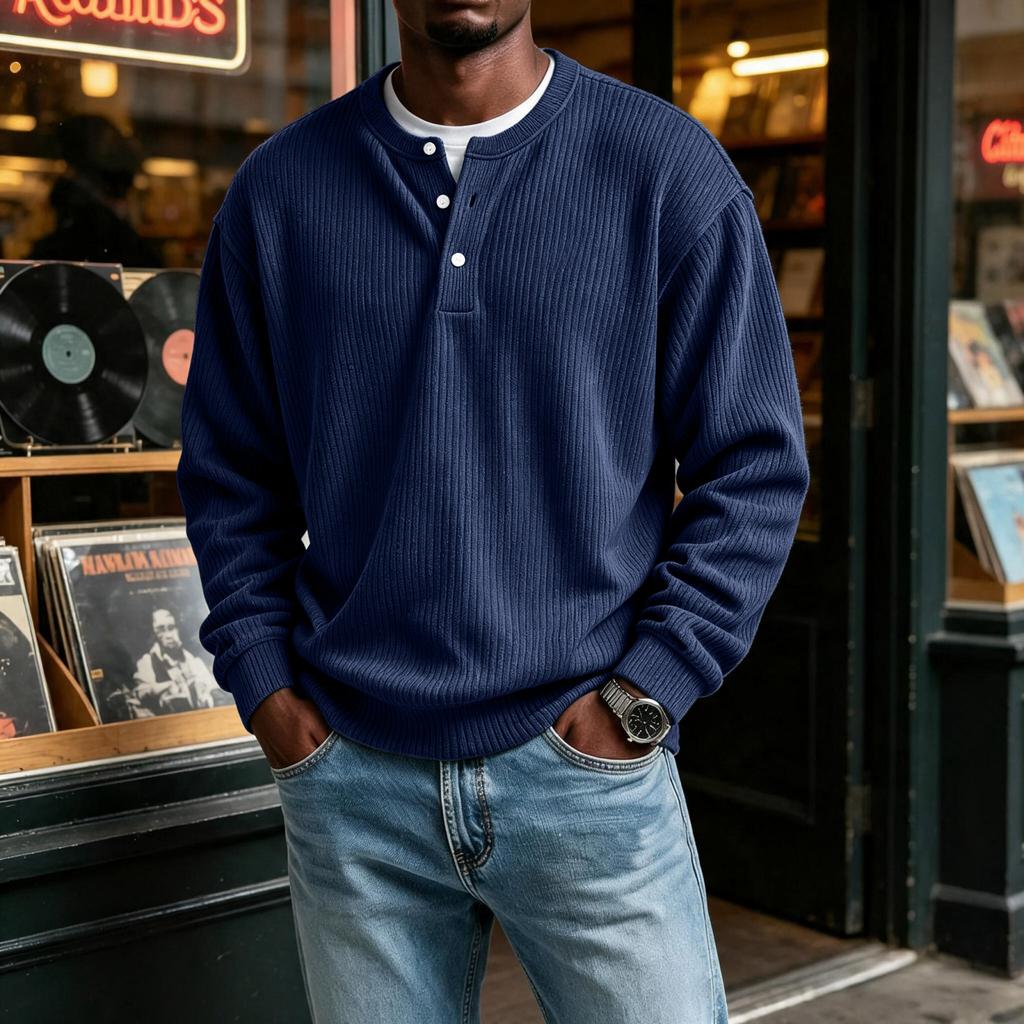 Herren Retro Corduroy Sweatshirt, Langarm Drei-Knopf Passform Pullover für den Alltag