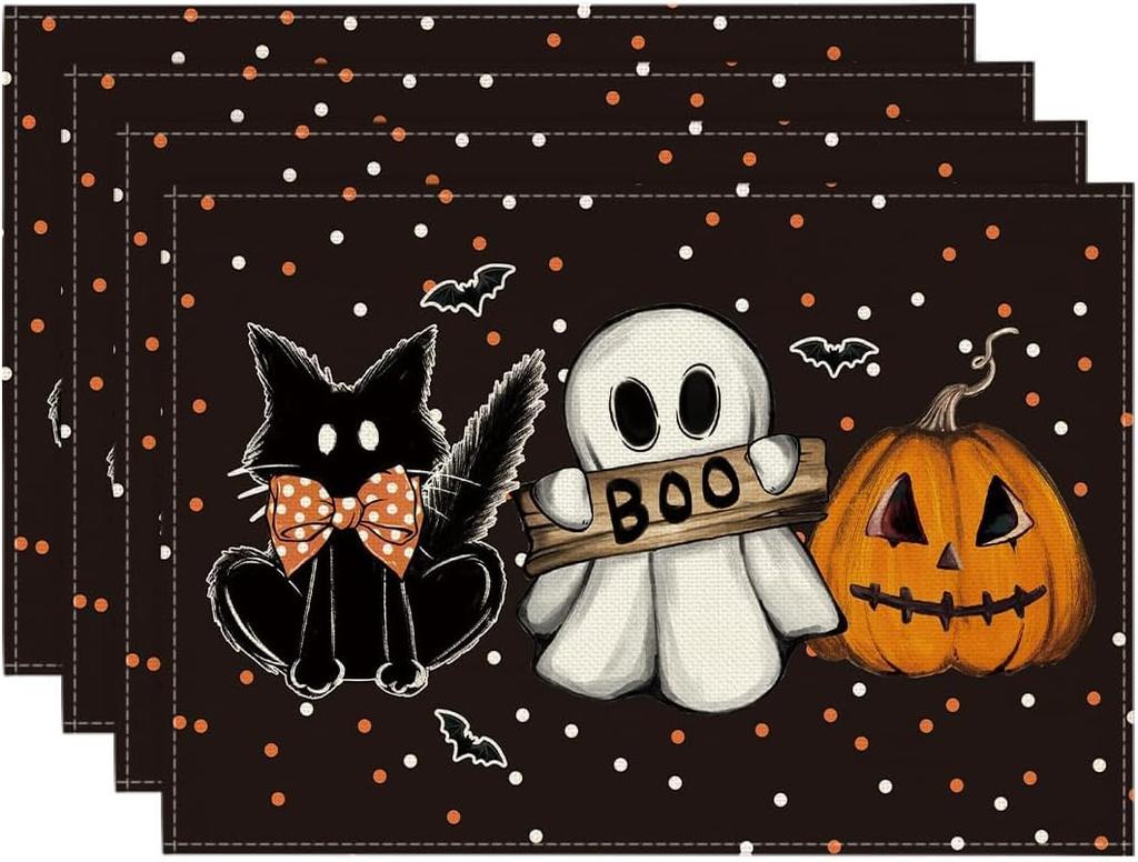 Wood Polka Dot Ghost Cat Boo Halloween Placemats Seasonal Table Mats for Party Kitchen Dining Decoration