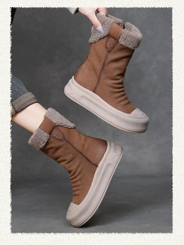 Johnature Genuine Leather Warm Plush Mid-calf Boots Casual Thick Soled Side Zipper Women's Boots