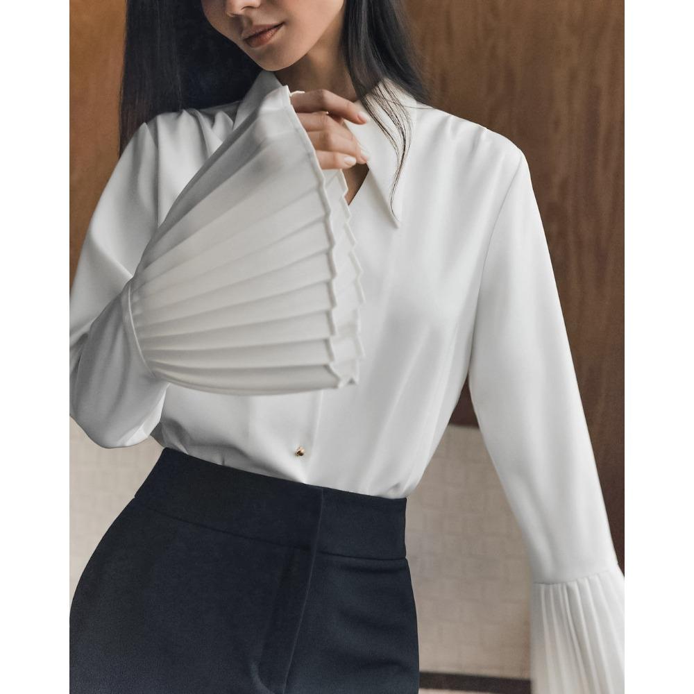 2024 early autumn retro sexy white shirt European and American horn sleeve design lapel slim hollow shirt women S белый